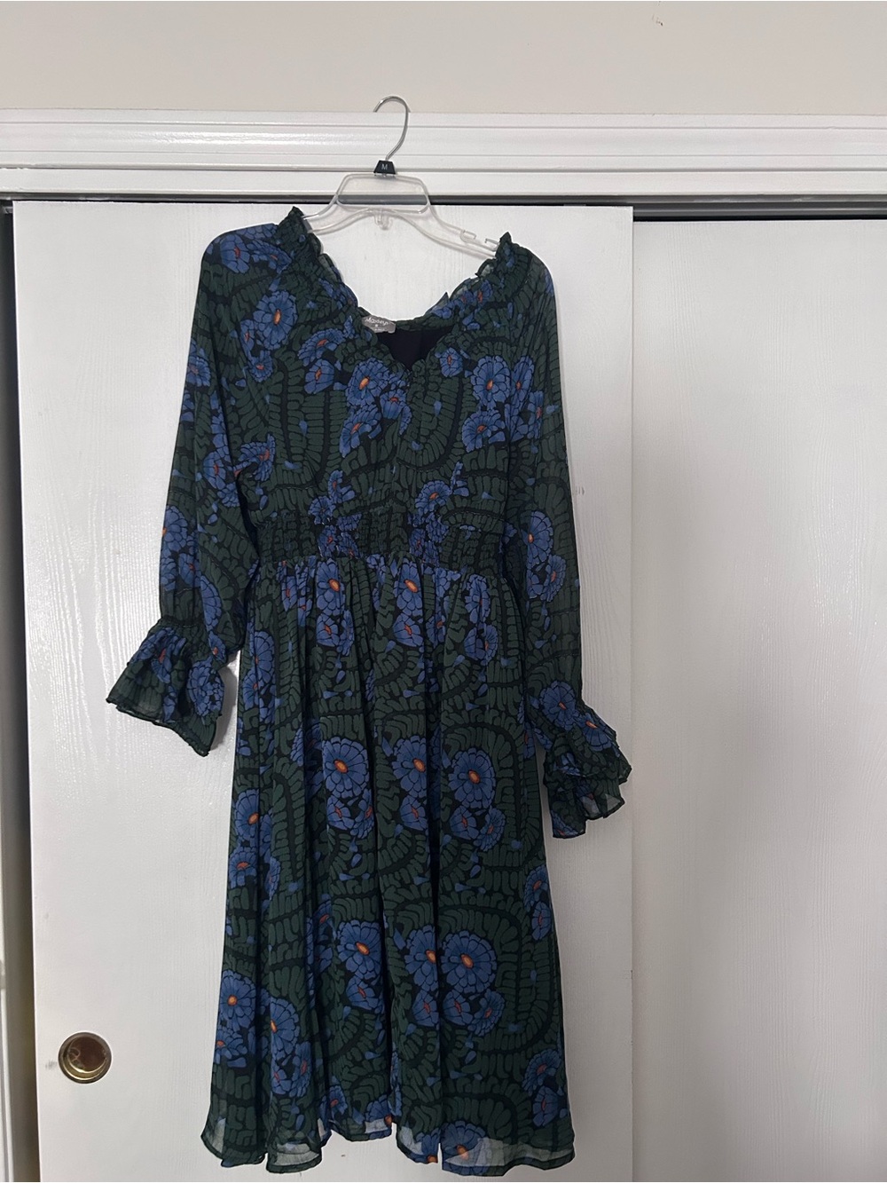 Women's Green Floral Midi Dress with Blue Bloom Print